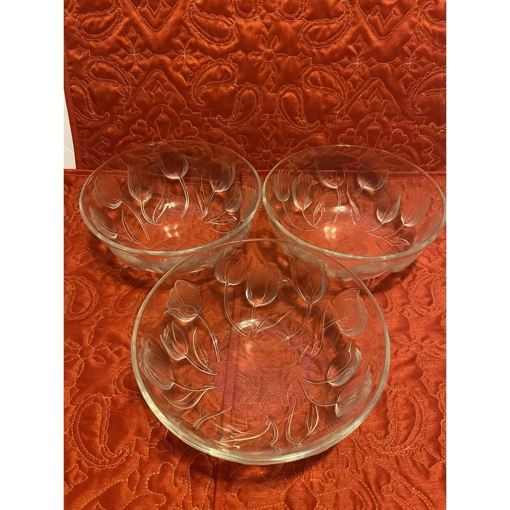 Set Of 3 Teleflora Clear Crystal Bowl Vase Center Piece‎ Frosted Tulips 7.25